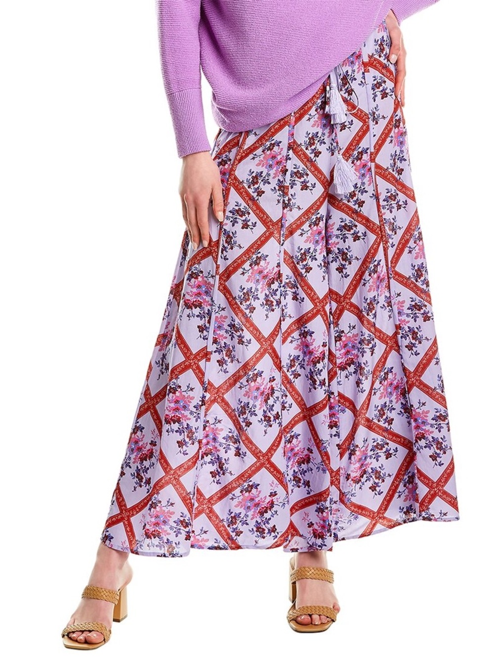 Free People Lavender Floral Wide Leg Pants with Red Lattice - Picture 2 of 9